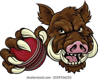 A wild boar, hog razorback warthog pig mean tough cartoon sports mascot holding a cricket ball