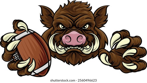 A wild boar, hog razorback warthog pig mean tough cartoon sports mascot holding an American football ball