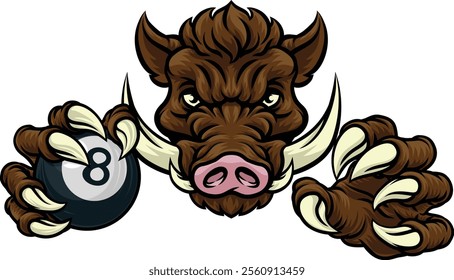 A wild boar, hog razorback warthog pig mean tough cartoon sports mascot holding a pool black eight ball