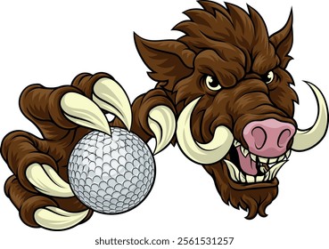 A wild boar, hog razorback warthog pig mean tough cartoon sports mascot holding a golf ball