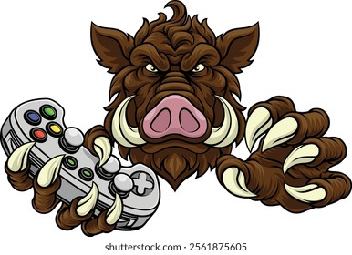 A wild boar, hog razorback warthog pig gamer sports video game gaming mascot holding a games controller