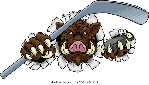 A wild boar, hog razorback warthog pig hockey sports cartoon mascot 