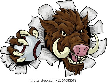 A wild boar, hog razorback warthog pig mean tough cartoon sports mascot holding a baseball ball