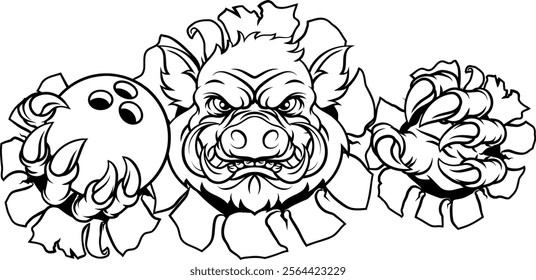 A wild boar, hog razorback warthog pig mean tough cartoon sports mascot holding a bowling ball