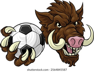 A wild boar, hog razorback warthog pig mean tough cartoon sports mascot holding a soccer football ball