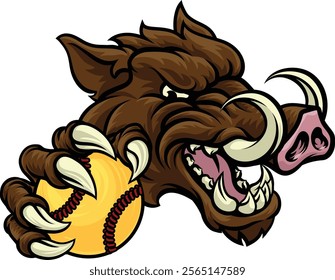 A wild boar, hog razorback warthog pig mean tough cartoon sports mascot holding a softball ball 