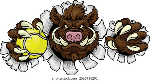 A wild boar, hog razorback warthog pig mean tough cartoon sports mascot holding a tennis ball 