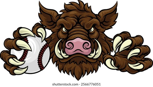 A wild boar, hog razorback warthog pig mean tough cartoon sports mascot holding a baseball ball