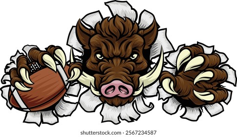 A wild boar, hog razorback warthog pig mean tough cartoon sports mascot holding an American football ball