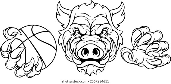 A wild boar, hog razorback warthog pig mean tough cartoon sports mascot holding a basketball ball