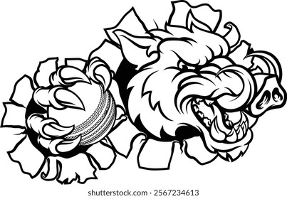 A wild boar, hog razorback warthog pig mean tough cartoon sports mascot holding a cricket ball