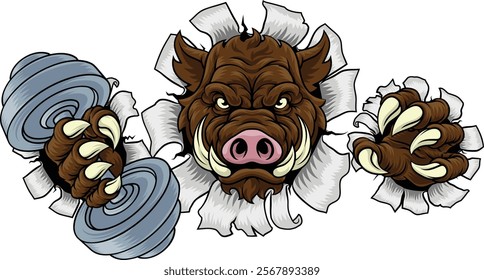 A wild boar, hog razorback warthog pig weight lifting trainer, exercise or body building gym cartoon sports mascot holding weights dumbbell