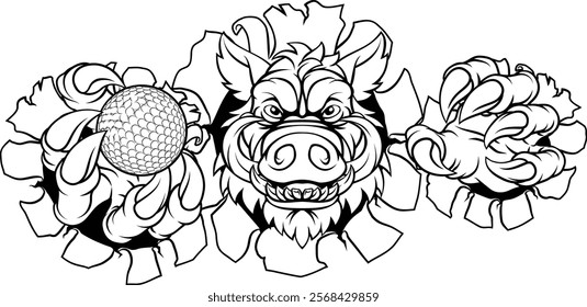 A wild boar, hog razorback warthog pig mean tough cartoon sports mascot holding a golf ball