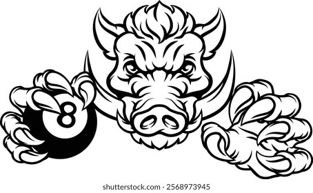 A wild boar, hog razorback warthog pig mean tough cartoon sports mascot holding a pool black eight ball