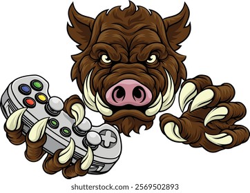 A wild boar, hog razorback warthog pig gamer sports video game gaming mascot holding a games controller