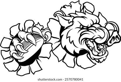 A wild boar, hog razorback warthog pig hockey sports cartoon mascot 