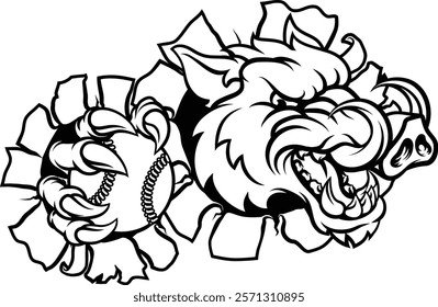 A wild boar, hog razorback warthog pig mean tough cartoon sports mascot holding a baseball or softball ball