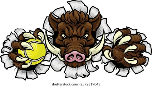 A wild boar, hog razorback warthog pig mean tough cartoon sports mascot holding a tennis ball 