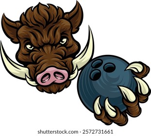 A wild boar, hog razorback warthog pig mean tough cartoon sports mascot holding a bowling ball