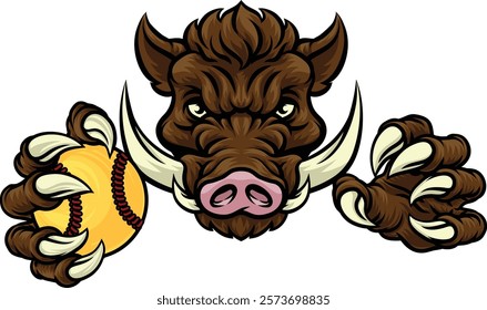 A wild boar, hog razorback warthog pig mean tough cartoon sports mascot holding a softball ball 