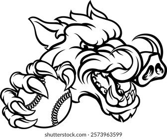 A wild boar, hog razorback warthog pig mean tough cartoon sports mascot holding a baseball or softball ball