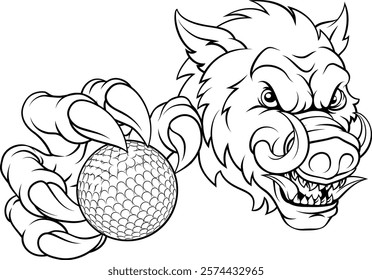 A wild boar, hog razorback warthog pig mean tough cartoon sports mascot holding a golf ball