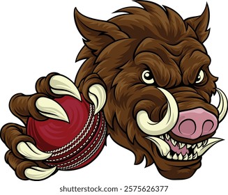 A wild boar, hog razorback warthog pig mean tough cartoon sports mascot holding a cricket ball