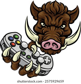 A wild boar, hog razorback warthog pig gamer sports video game gaming mascot holding a games controller