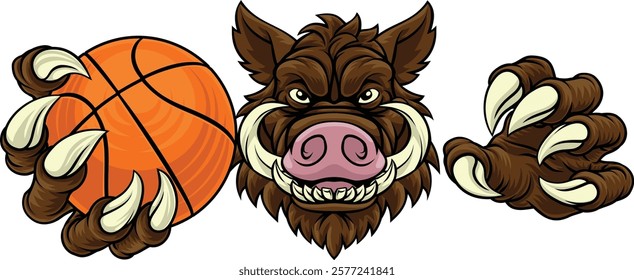 A wild boar, hog razorback warthog pig mean tough cartoon sports mascot holding a basketball ball