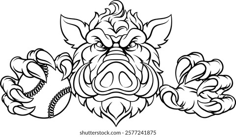 A wild boar, hog razorback warthog pig mean tough cartoon sports mascot holding a baseball or softball ball