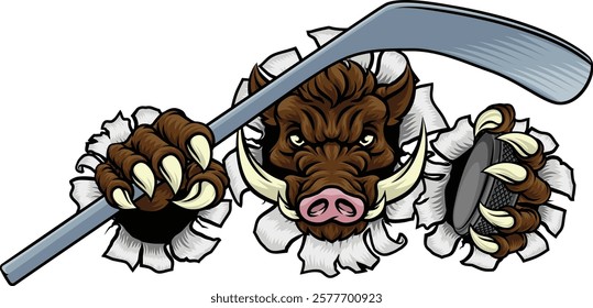 A wild boar, hog razorback warthog pig hockey sports cartoon mascot 