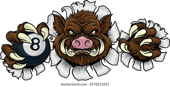 A wild boar, hog razorback warthog pig mean tough cartoon sports mascot holding a pool black eight ball