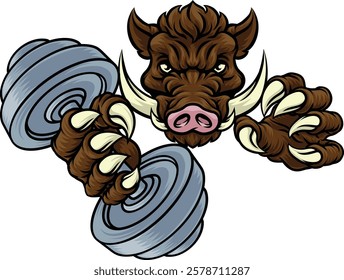 A wild boar, hog razorback warthog pig weight lifting trainer, exercise or body building gym cartoon sports mascot holding weights dumbbell