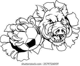 A wild boar, hog razorback warthog pig mean tough cartoon sports mascot holding a soccer football ball