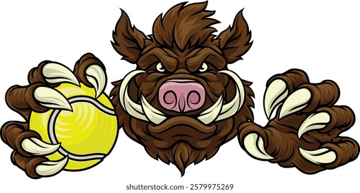 A wild boar, hog razorback warthog pig mean tough cartoon sports mascot holding a tennis ball 