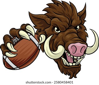 A wild boar, hog razorback warthog pig mean tough cartoon sports mascot holding an American football ball