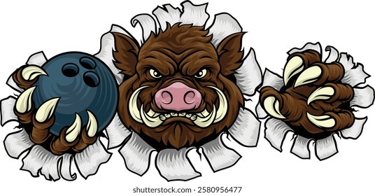 A wild boar, hog razorback warthog pig mean tough cartoon sports mascot holding a bowling ball