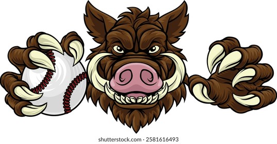 A wild boar, hog razorback warthog pig mean tough cartoon sports mascot holding a baseball ball