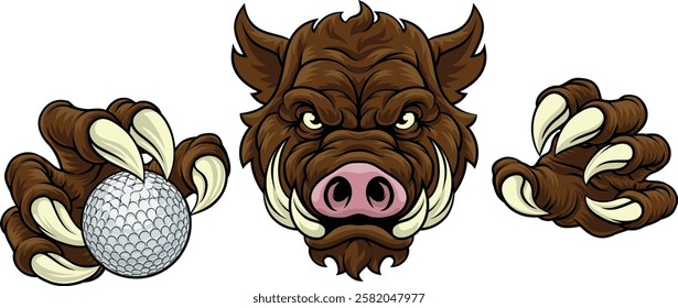 A wild boar, hog razorback warthog pig mean tough cartoon sports mascot holding a golf ball