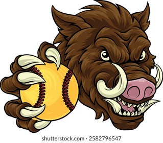 A wild boar, hog razorback warthog pig mean tough cartoon sports mascot holding a softball ball 