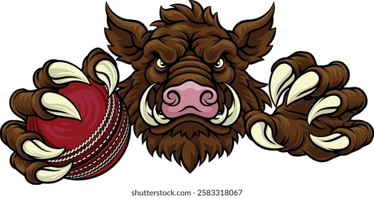 A wild boar, hog razorback warthog pig mean tough cartoon sports mascot holding a cricket ball