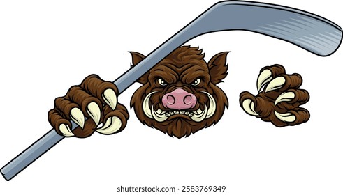 A wild boar, hog razorback warthog pig hockey sports cartoon mascot 