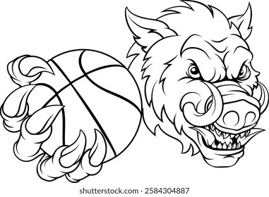 A wild boar, hog razorback warthog pig mean tough cartoon sports mascot holding a basketball ball