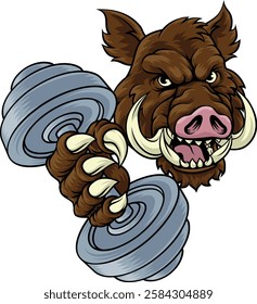 A wild boar, hog razorback warthog pig weight lifting trainer, exercise or body building gym cartoon sports mascot holding weights dumbbell