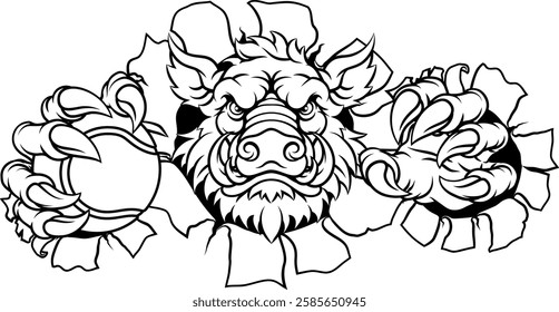 A wild boar, hog razorback warthog pig mean tough cartoon sports mascot holding a tennis ball 