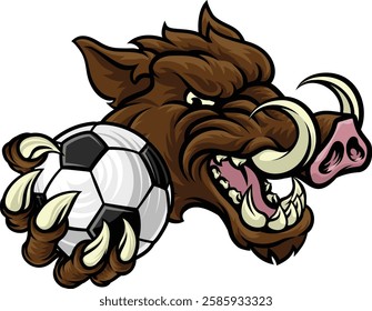 A wild boar, hog razorback warthog pig mean tough cartoon sports mascot holding a soccer football ball