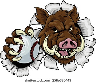 A wild boar, hog razorback warthog pig mean tough cartoon sports mascot holding a baseball ball