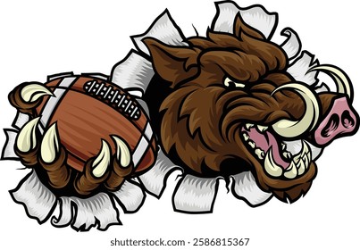 A wild boar, hog razorback warthog pig mean tough cartoon sports mascot holding an American football ball