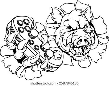 A wild boar, hog razorback warthog pig gamer sports video game gaming mascot holding a games controller