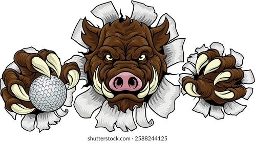 A wild boar, hog razorback warthog pig mean tough cartoon sports mascot holding a golf ball